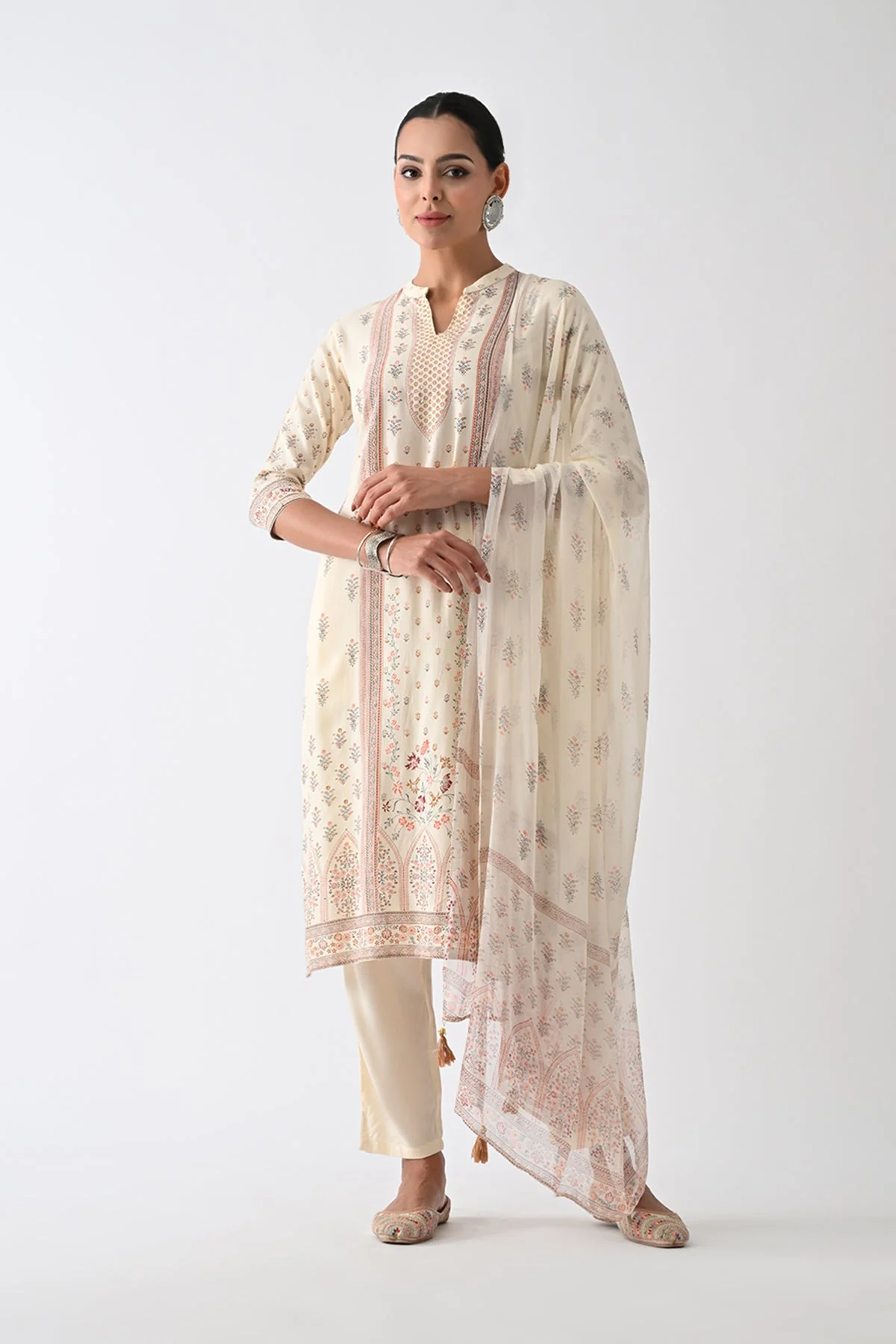 Cream Printed Kurta 3 Pcs Set
