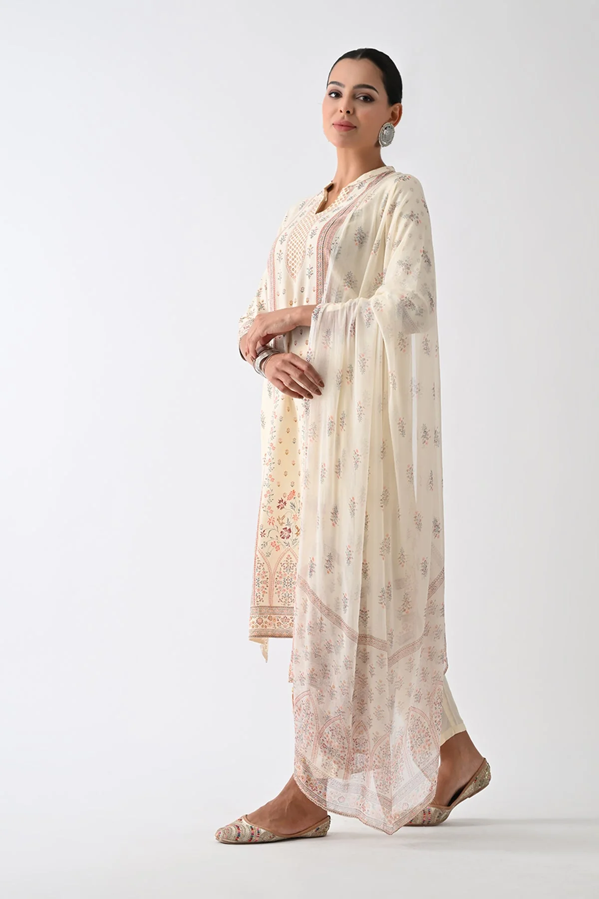 Cream Printed Kurta 3 Pcs Set - Image 2