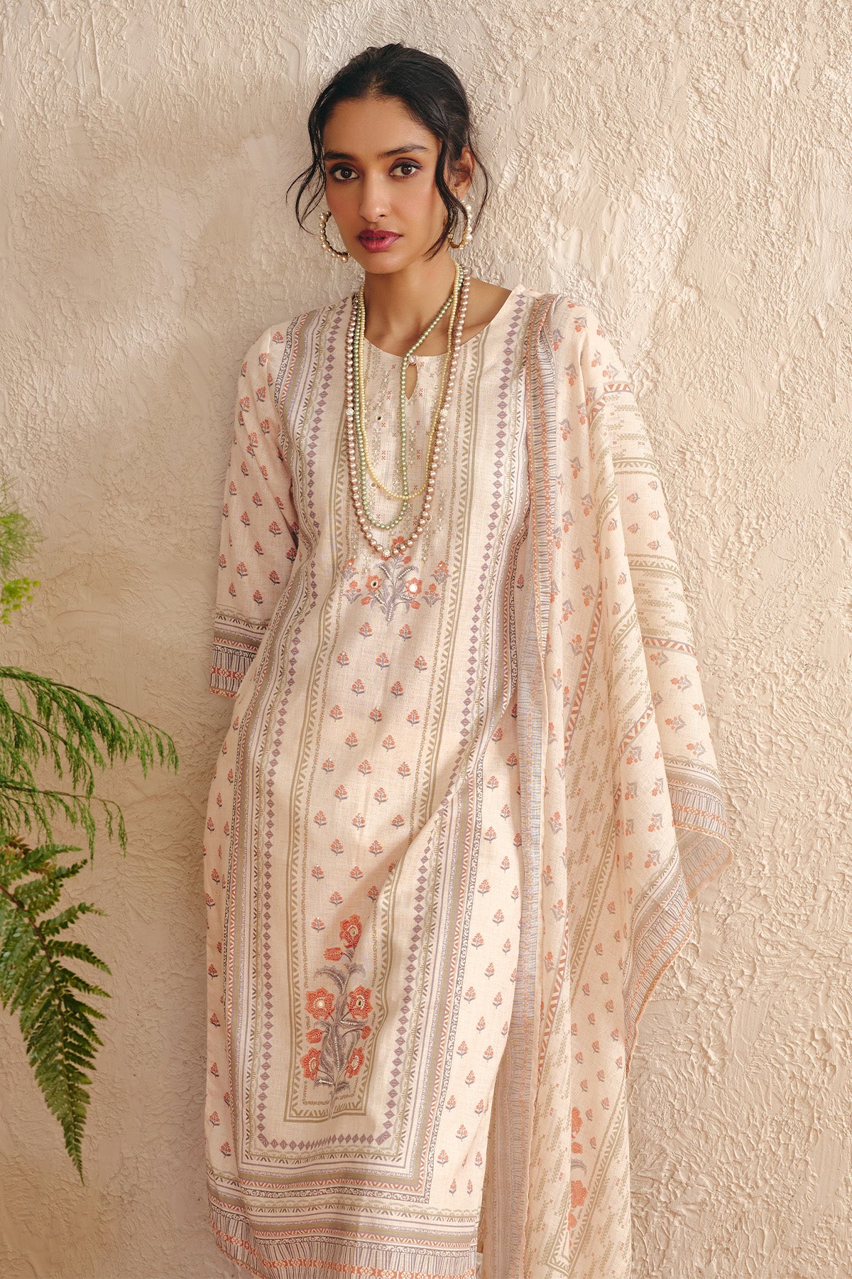 Cream Printed Kurta 3 Pcs Set - Image 3