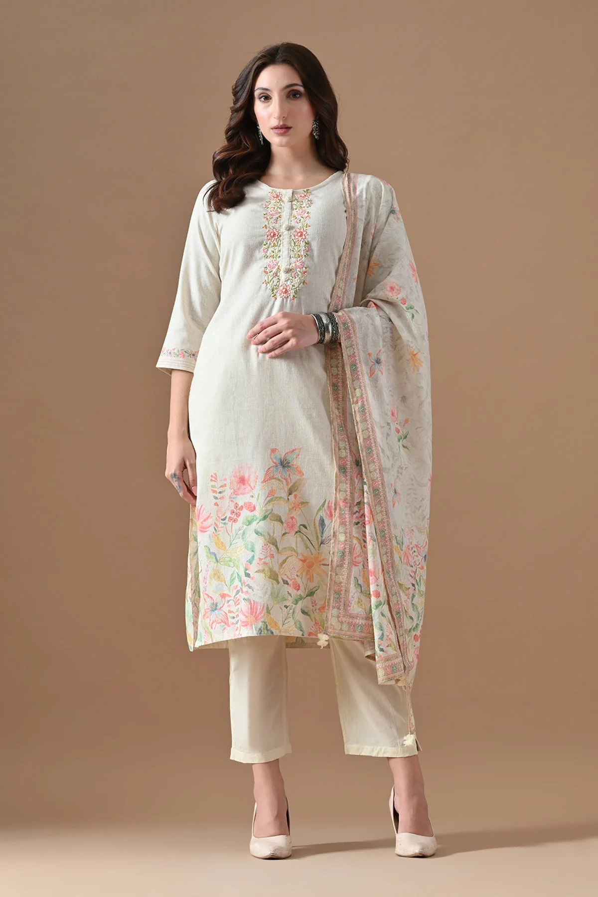 Cream Printed Kurta 3 Pcs Set