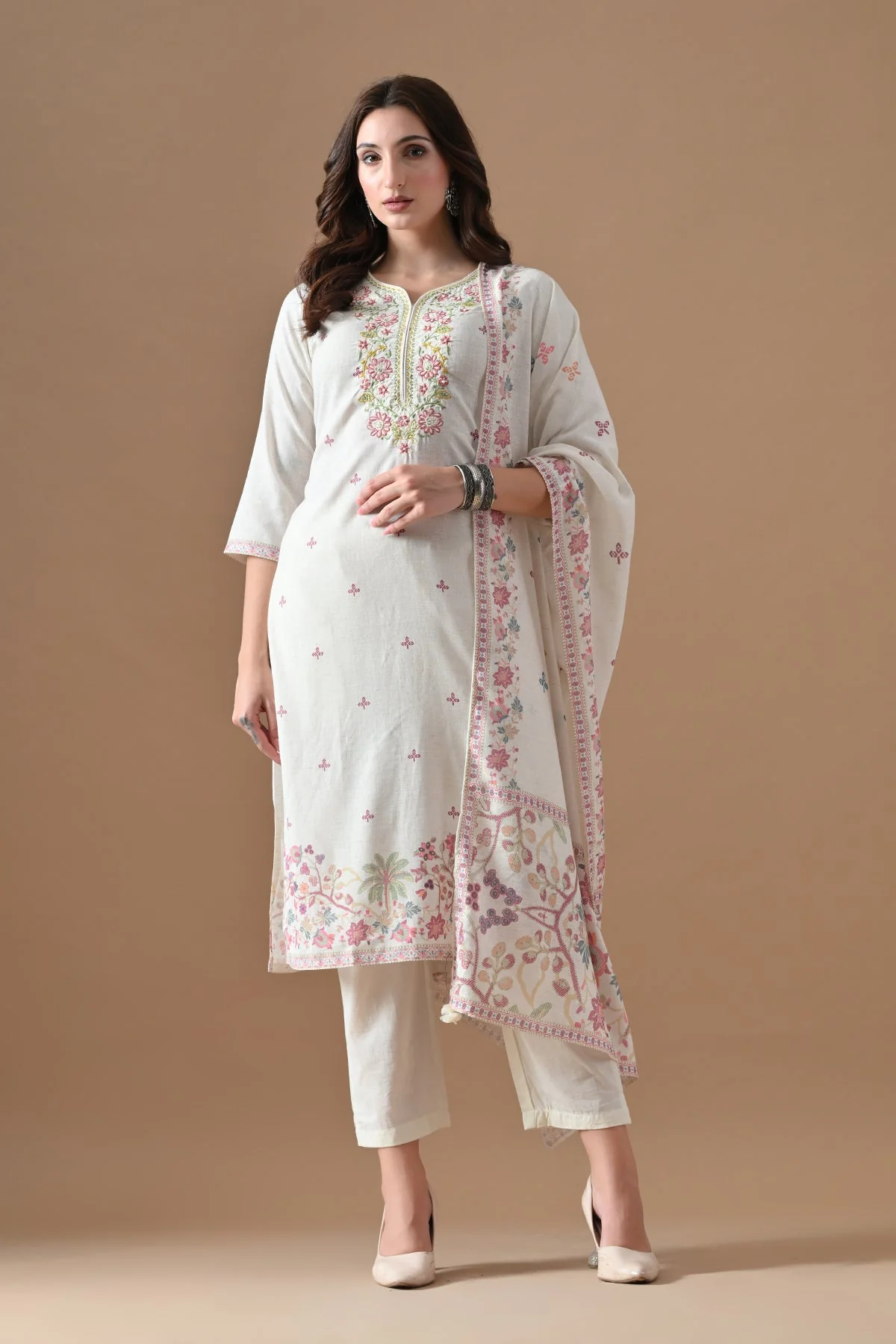 Cream Printed Kurta 3 Pcs Set
