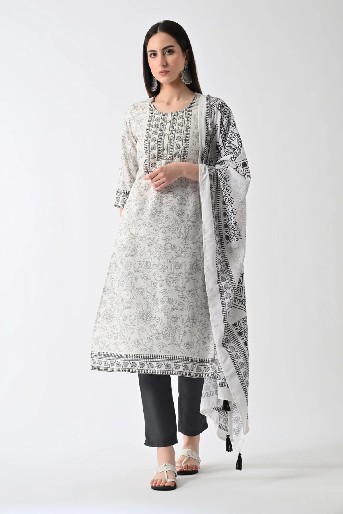Cream Printed Kurta 3 Pcs Set