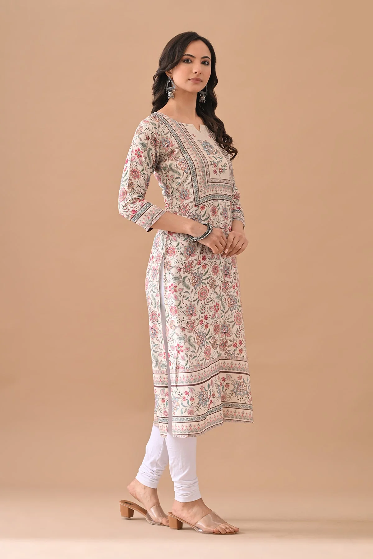 Cream Printed Straight Kurta - Image 2
