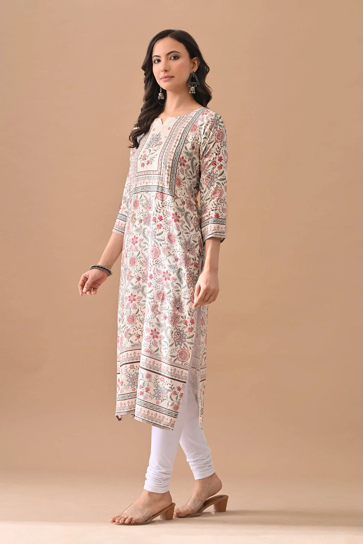 Cream Printed Straight Kurta - Image 3