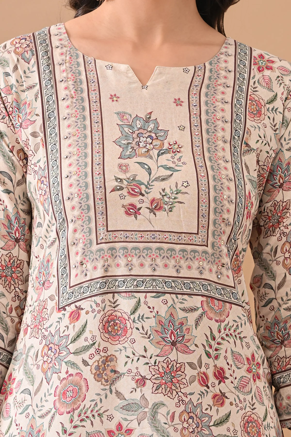 Cream Printed Straight Kurta - Image 4
