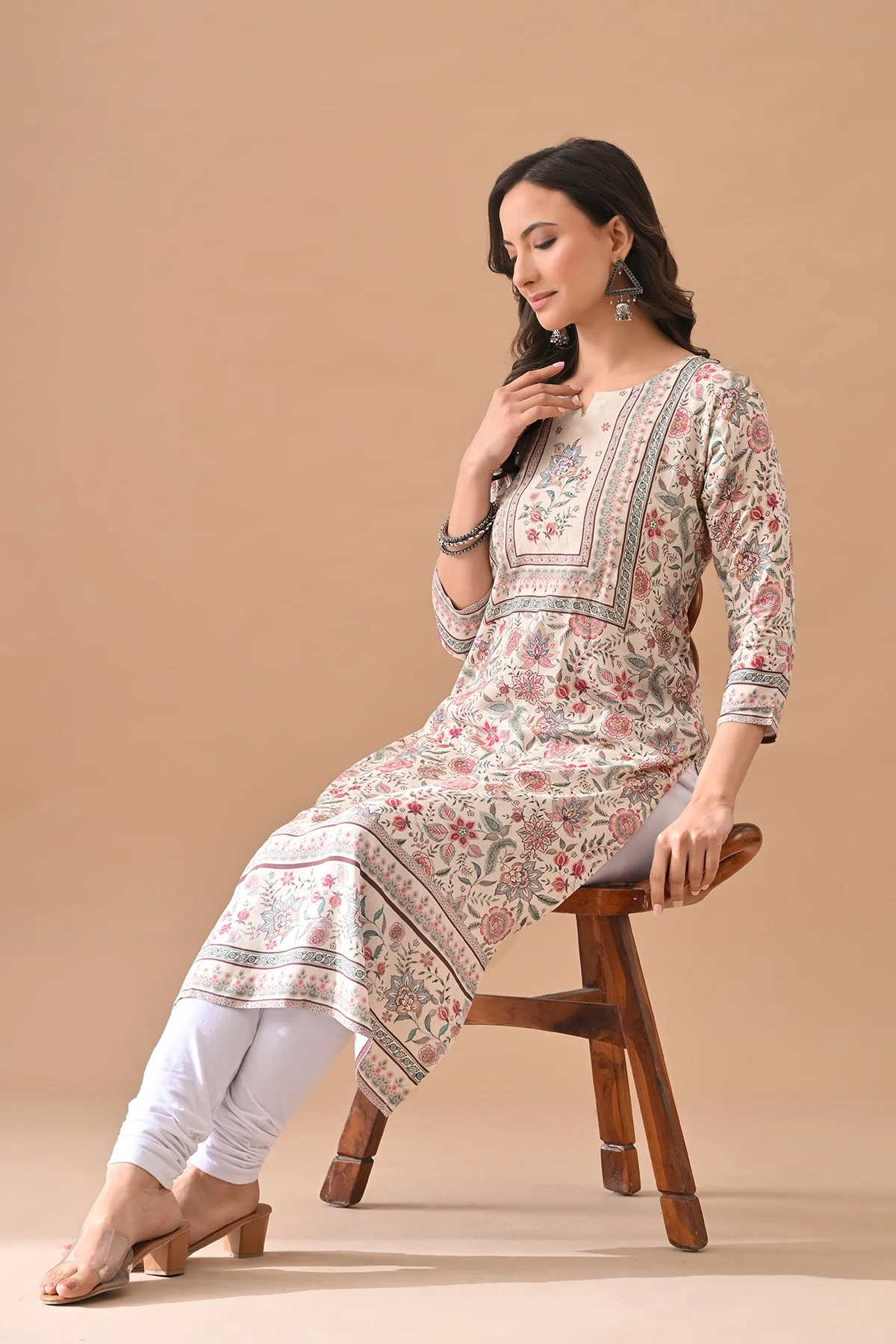 Cream Printed Straight Kurta - Image 6