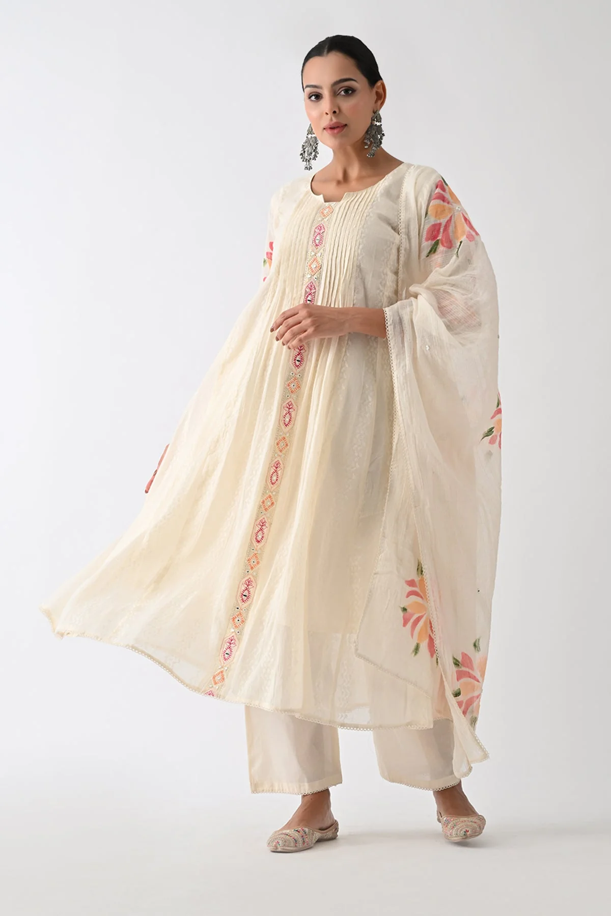 Cream Self Design Flared Kurta 3 Pcs Set - Image 2