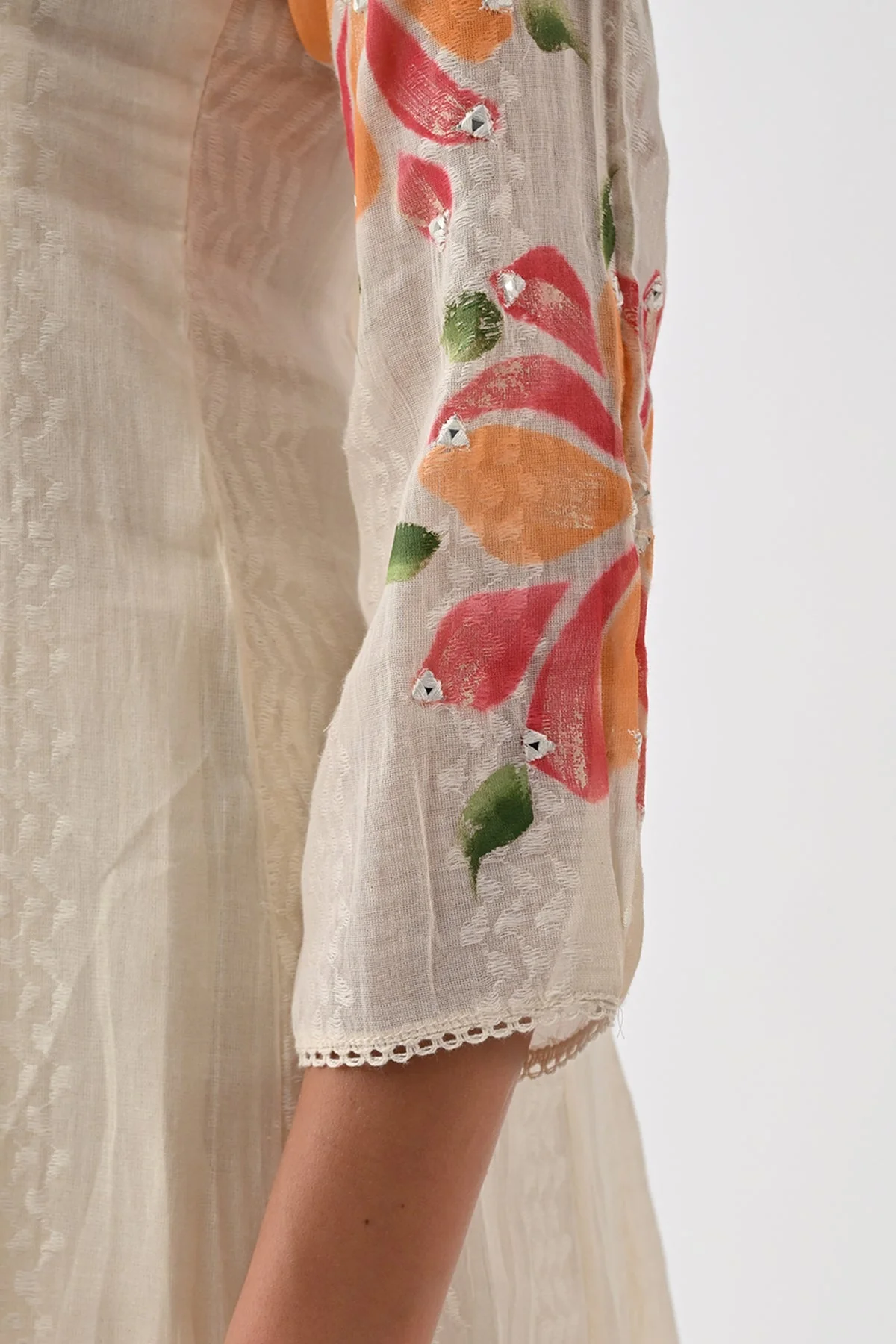 Cream Self Design Flared Kurta 3 Pcs Set - Image 8