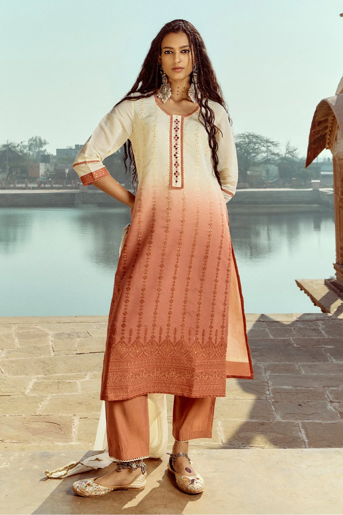 Cream Straight Kurta 3 Pcs Set - Image 3