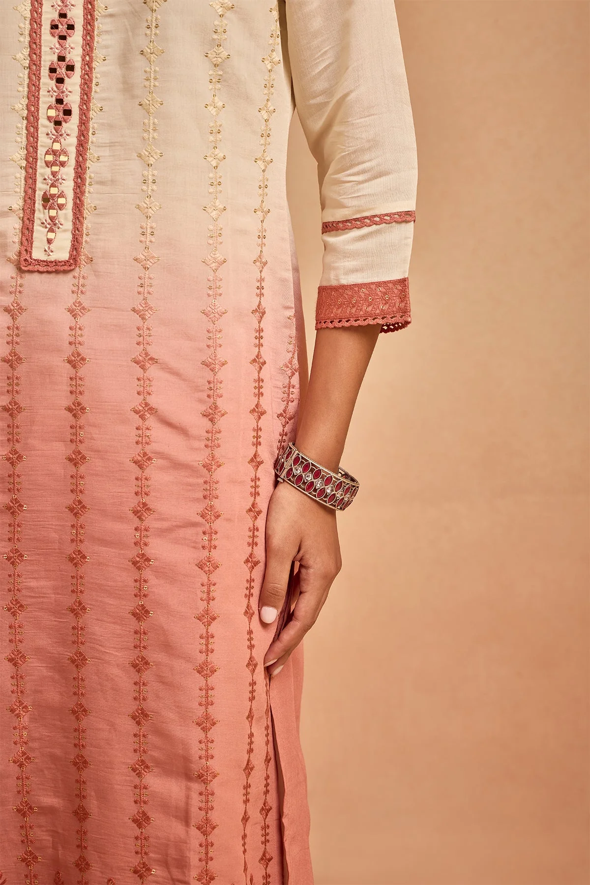 Cream Straight Kurta 3 Pcs Set - Image 4
