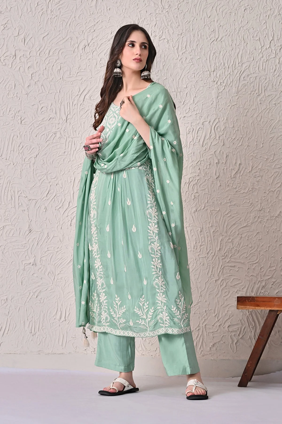 Green A-line Embroidered Kurta 3 Pcs Set - Image 3