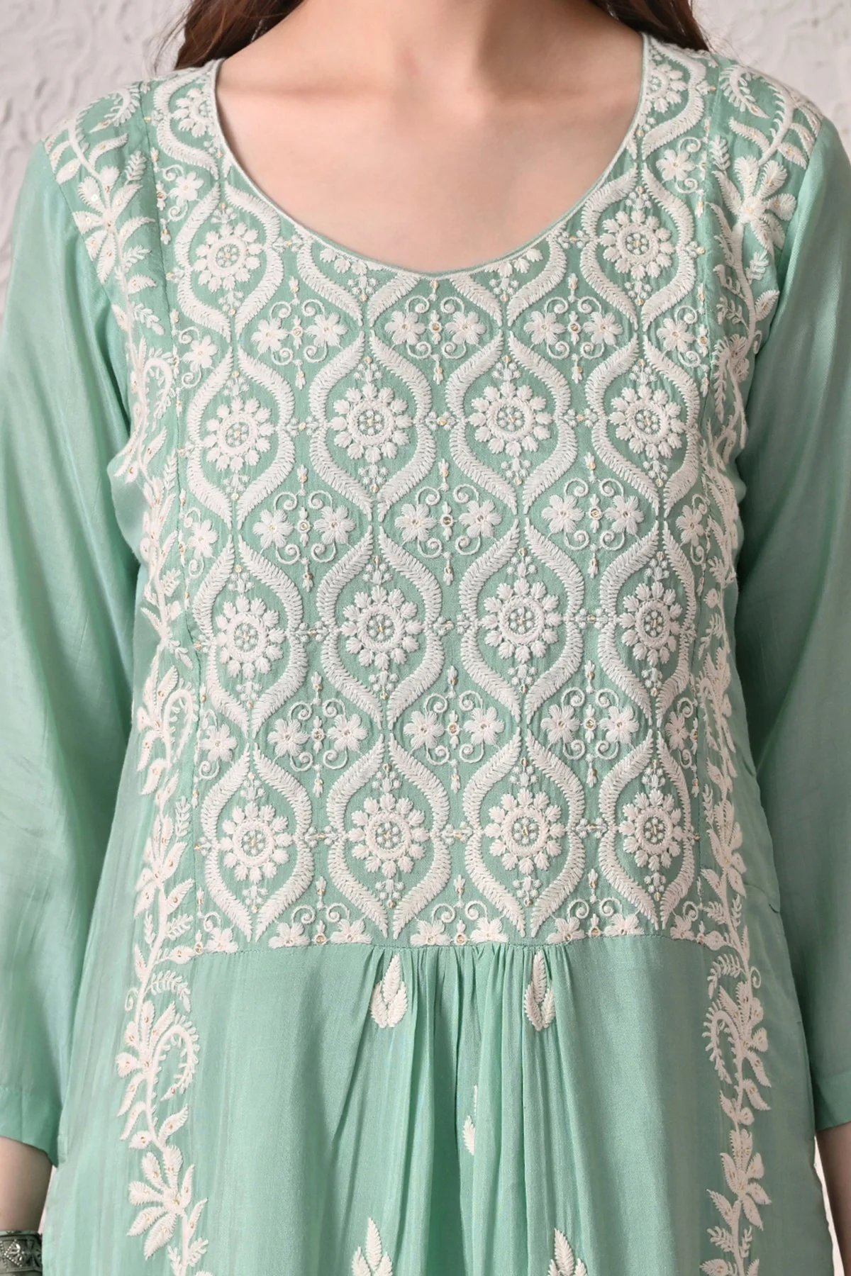 Green A-line Embroidered Kurta 3 Pcs Set - Image 4
