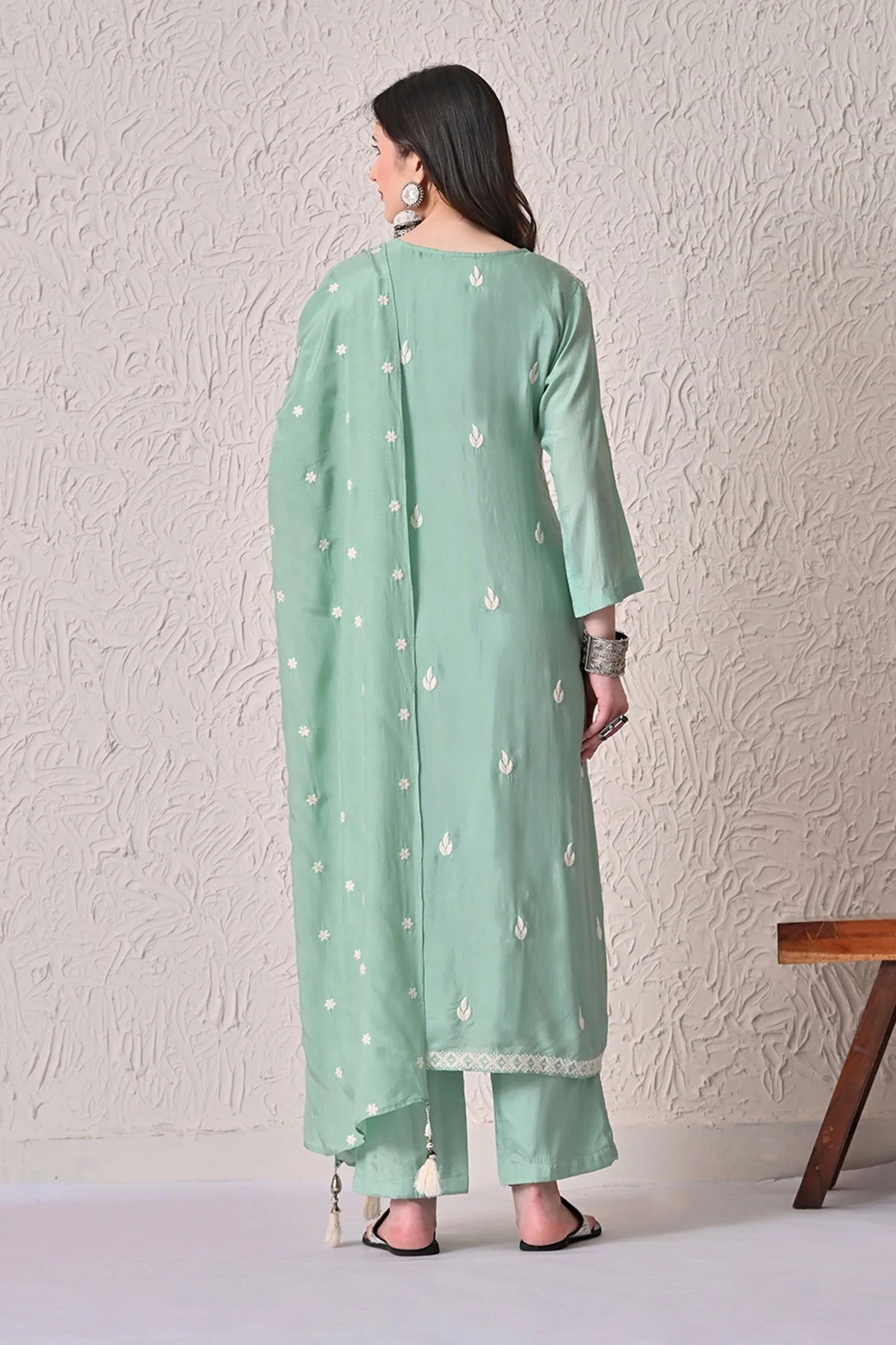 Green A-line Embroidered Kurta 3 Pcs Set - Image 5