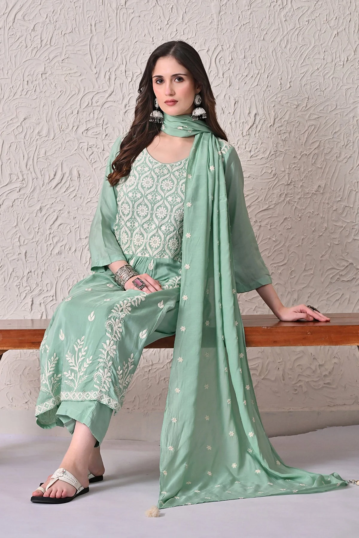Green A-line Embroidered Kurta 3 Pcs Set - Image 7