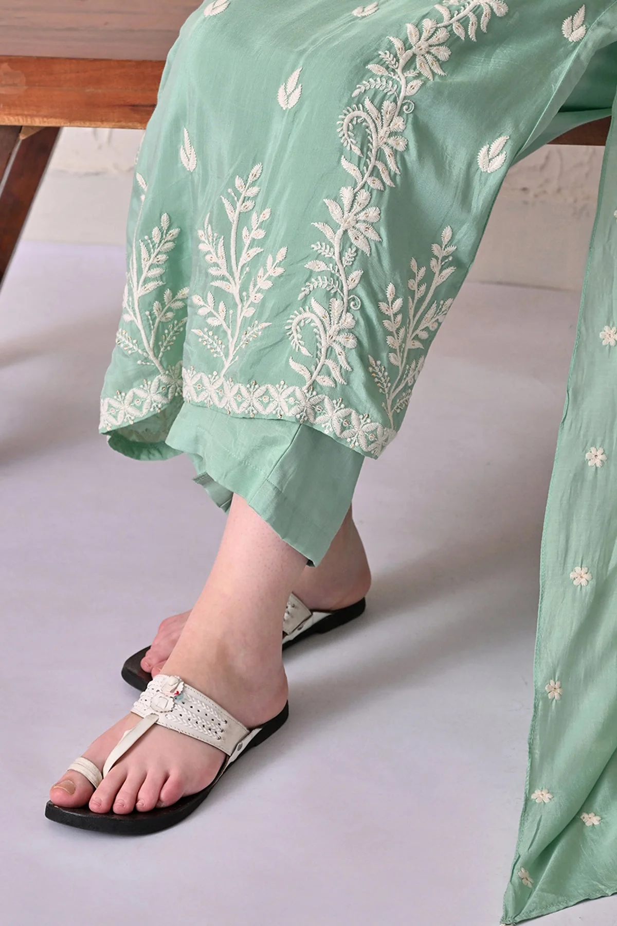 Green A-line Embroidered Kurta 3 Pcs Set - Image 8