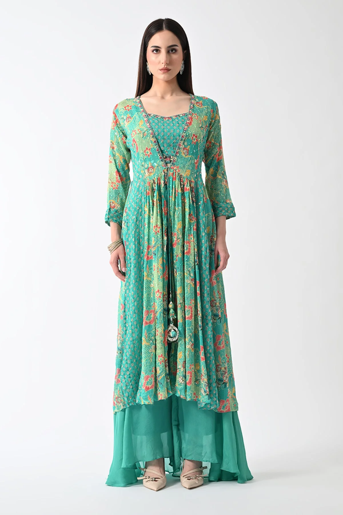 Green Dress with A Printed Shrug