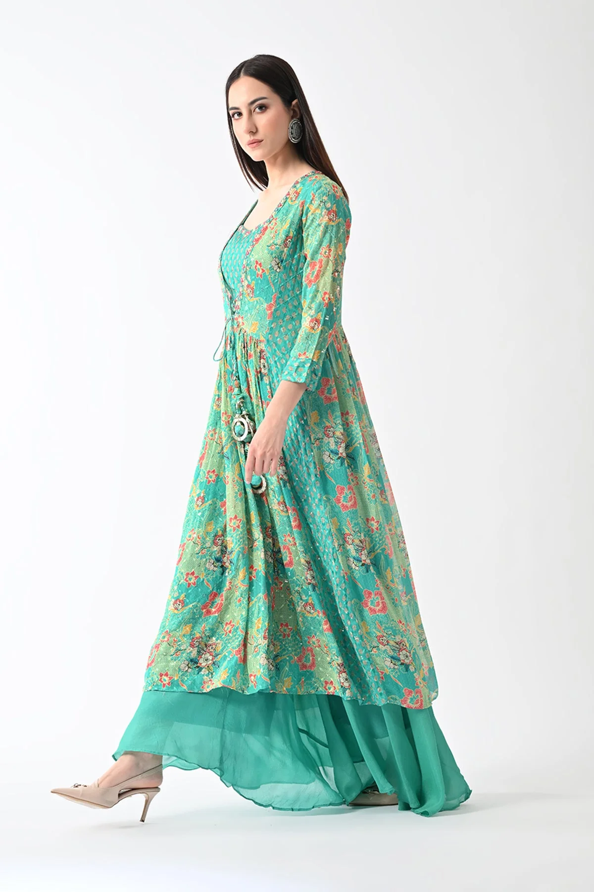 Green Dress with A Printed Shrug - Image 3
