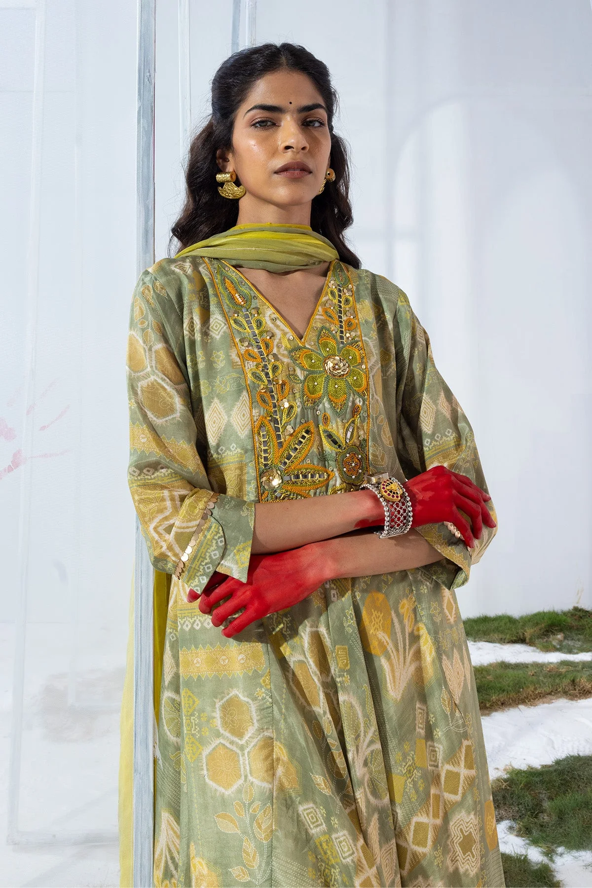 Green Embellished Flared Kurta 3 Pcs Set