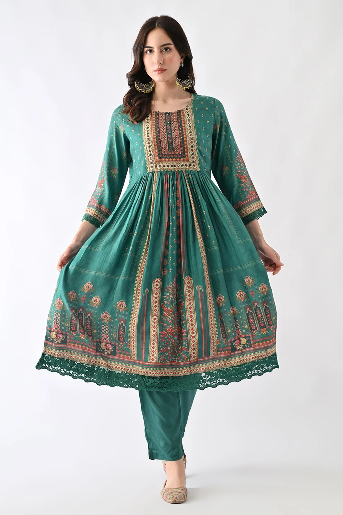 Green Embellished Kurta 3 Pcs Set - Image 7