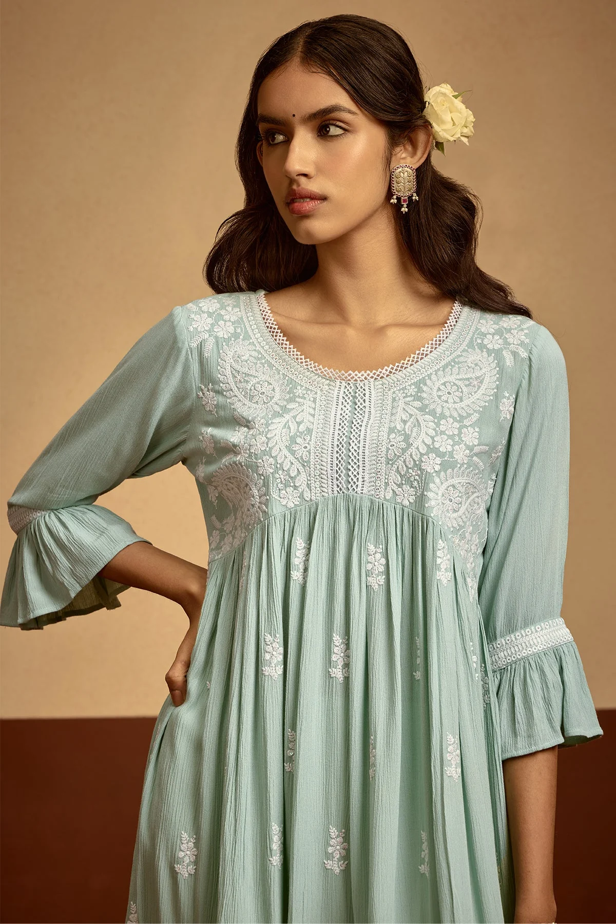 Green Embroidered Flared Tunic - Image 3