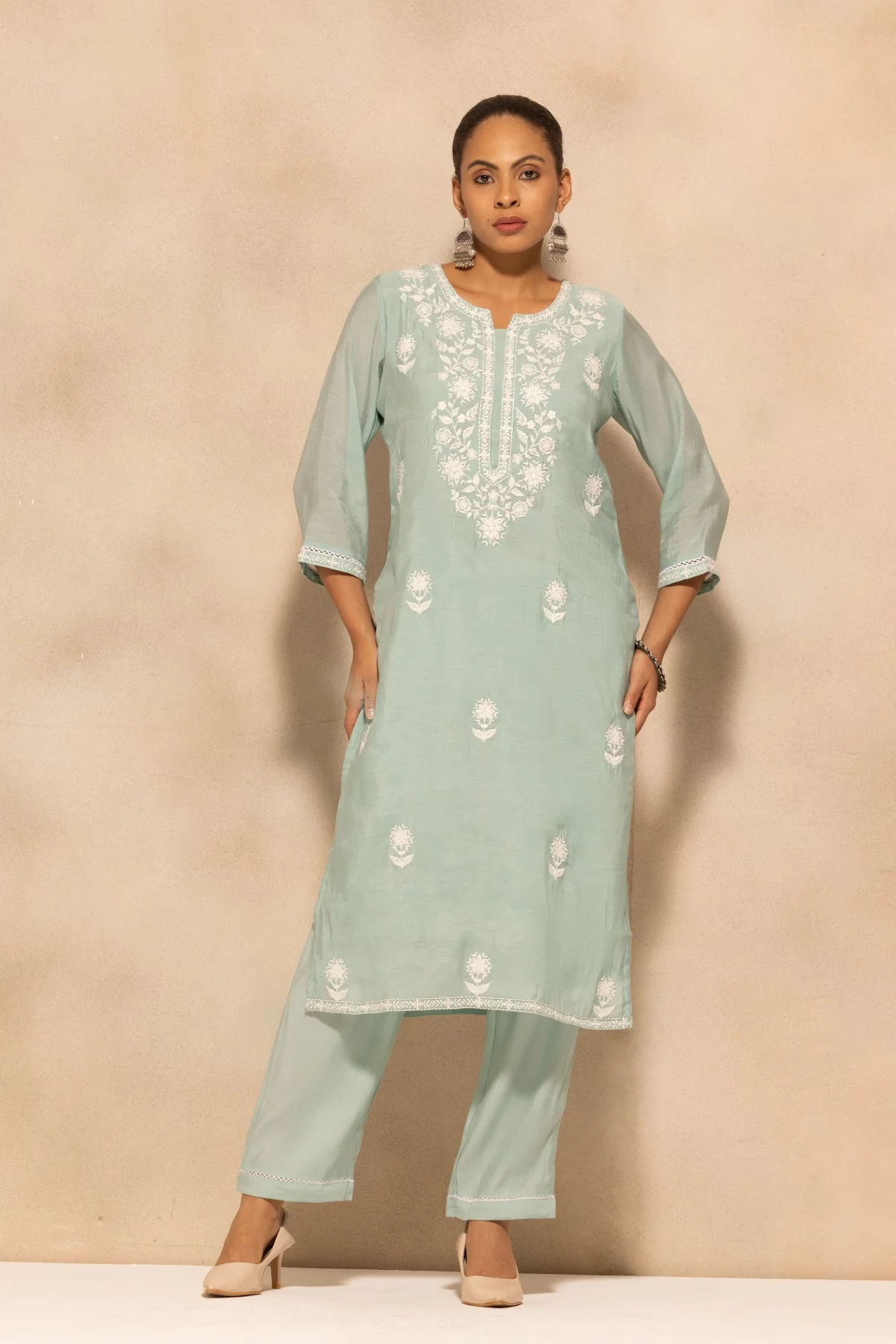 Green Embroidered Kurta 3 Pcs Set - Image 3