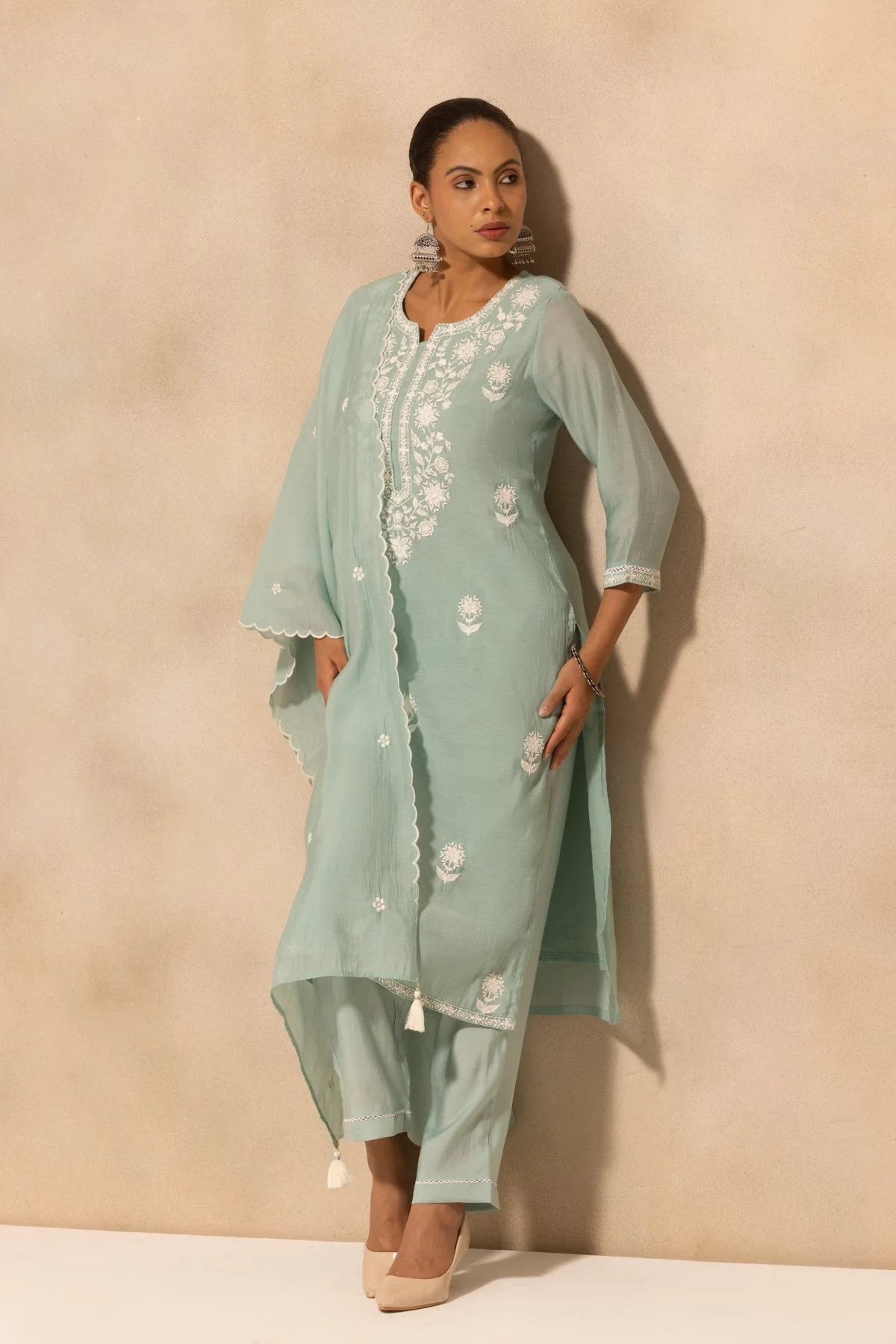 Green Embroidered Kurta 3 Pcs Set - Image 7