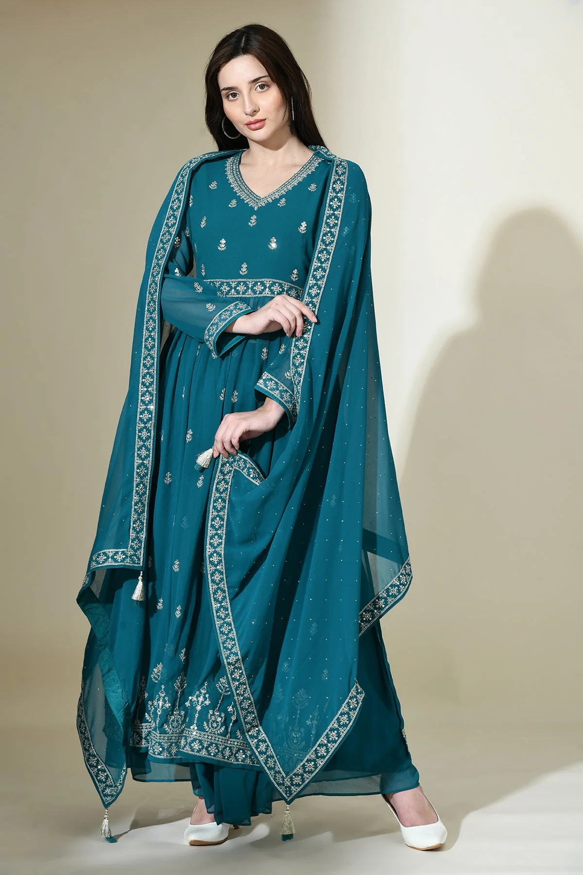 Green Embroidered Kurta 3 Pcs Set - Image 2