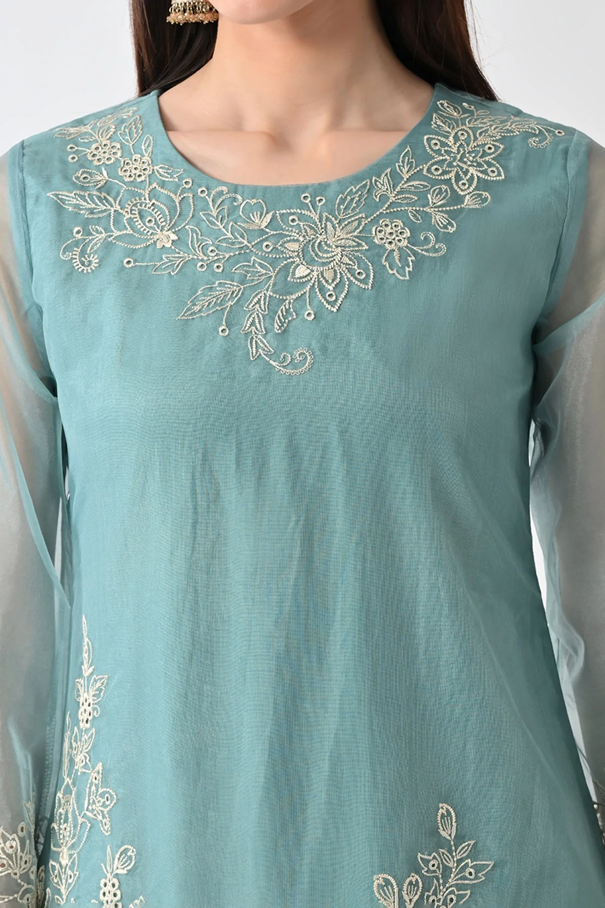 Green Embroidered Straight Kurta 3 Pcs Set - Image 2