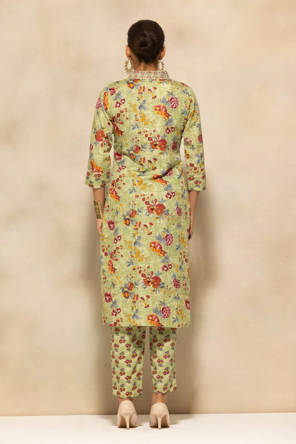 Green Floral Printed Kurta 3 Pcs Set - Image 5