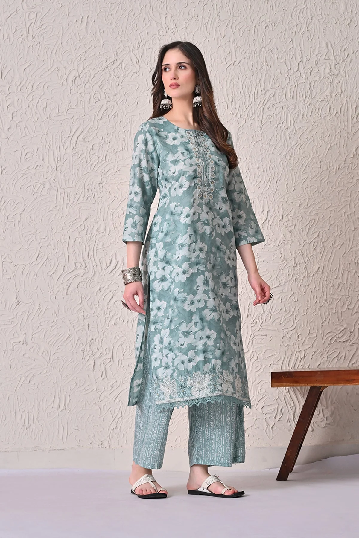 Green Printed Kurta 3 Pcs Set - Image 2