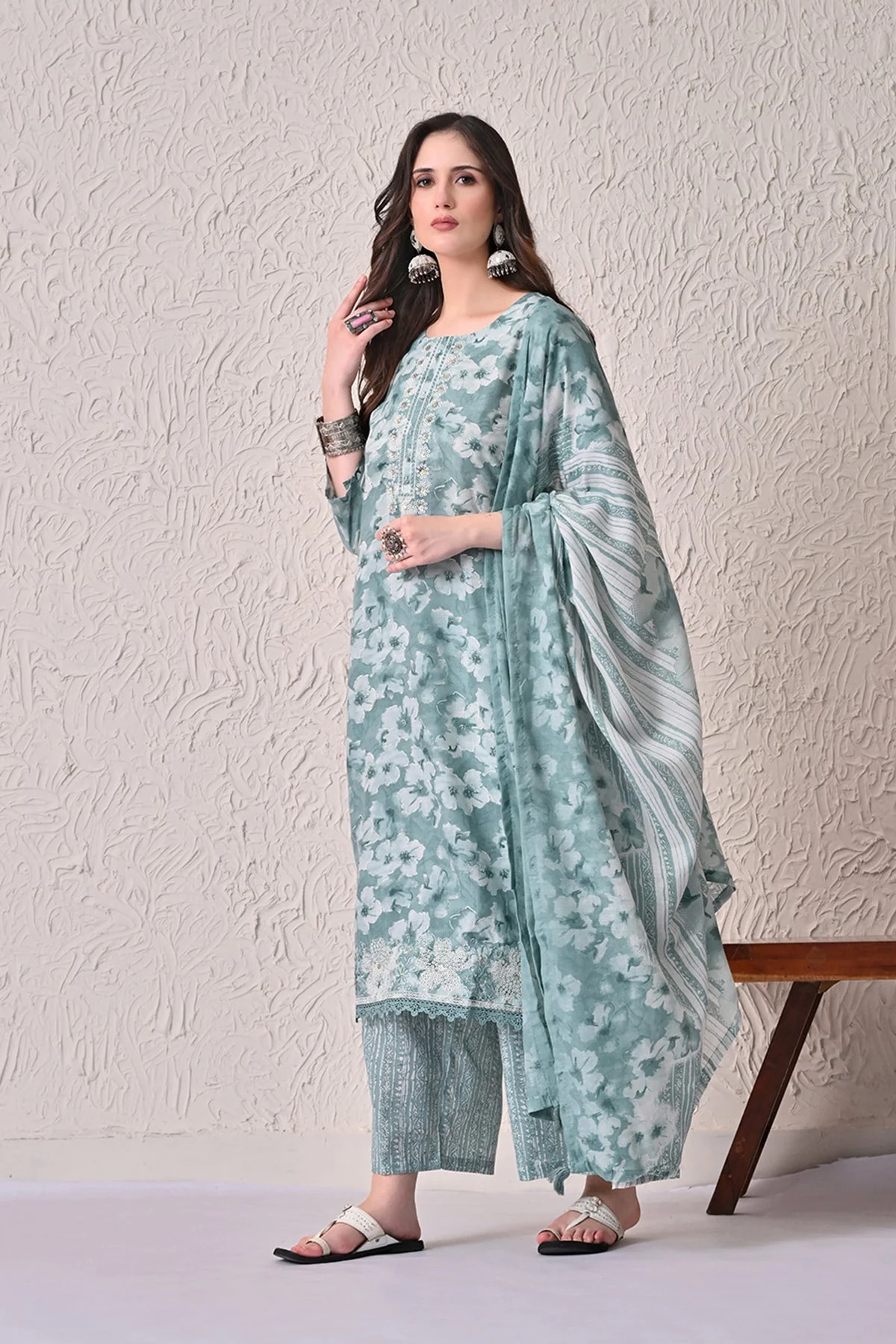 Green Printed Kurta 3 Pcs Set - Image 3