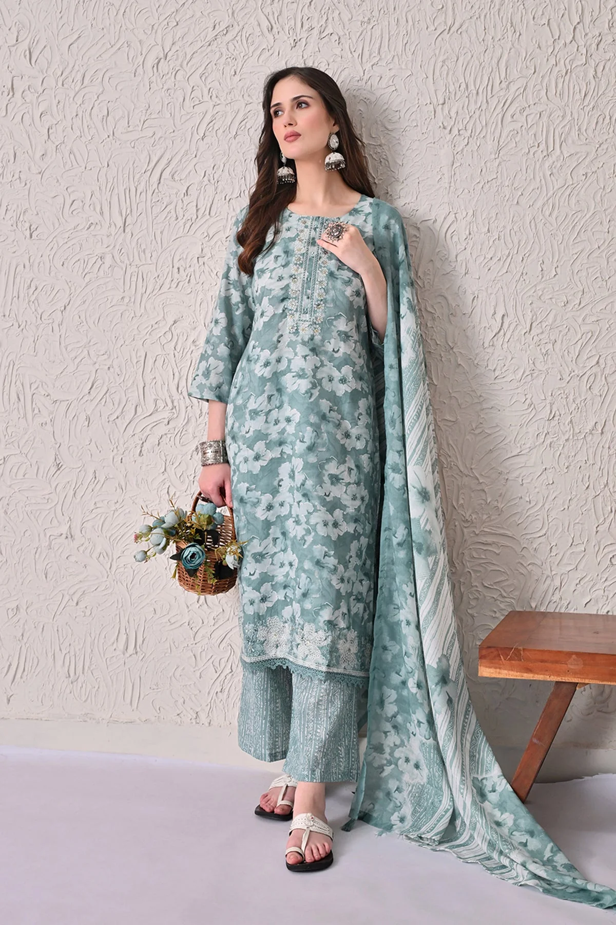 Green Printed Kurta 3 Pcs Set - Image 8
