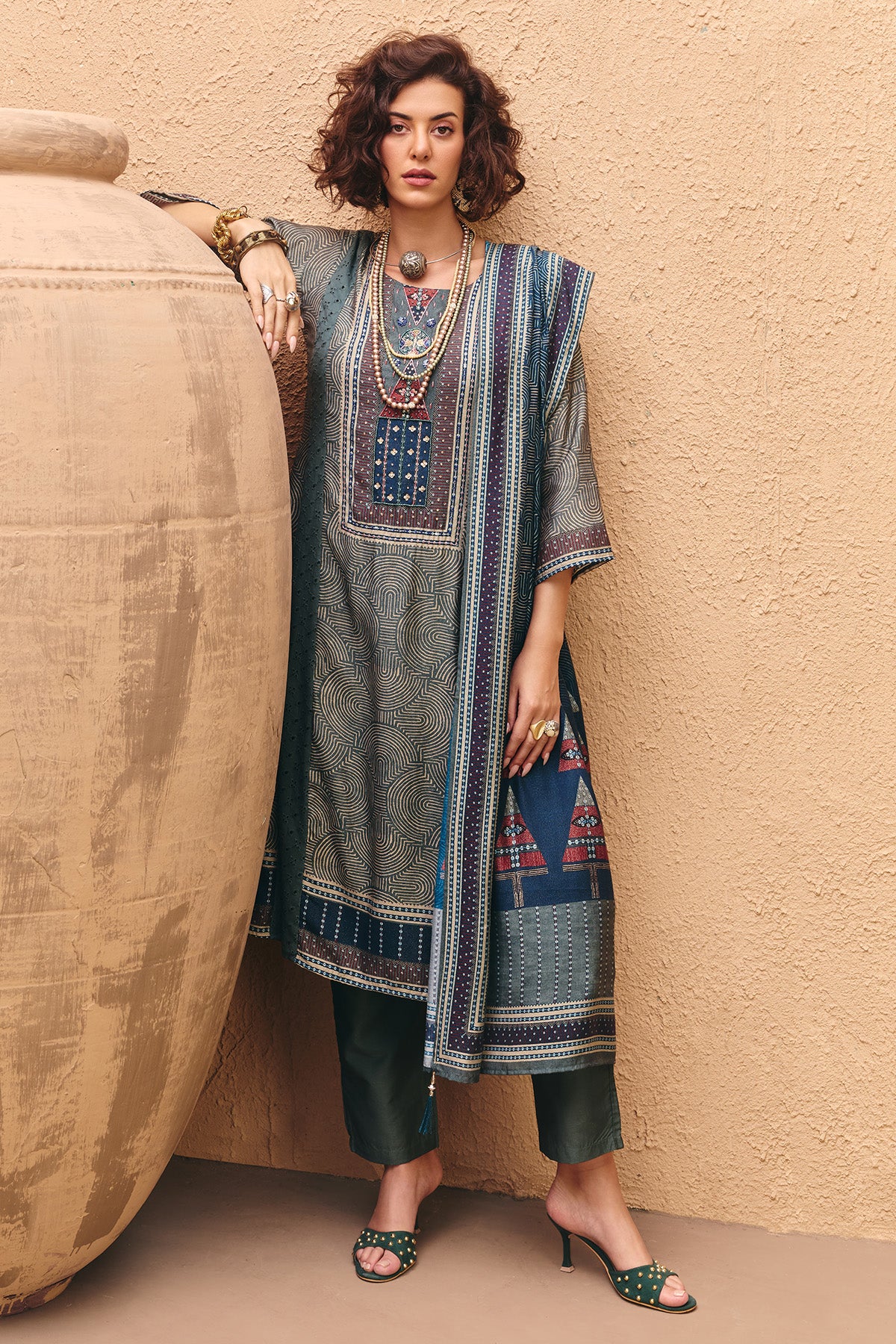 Green Printed Kurta 3 Pcs Set - Image 4