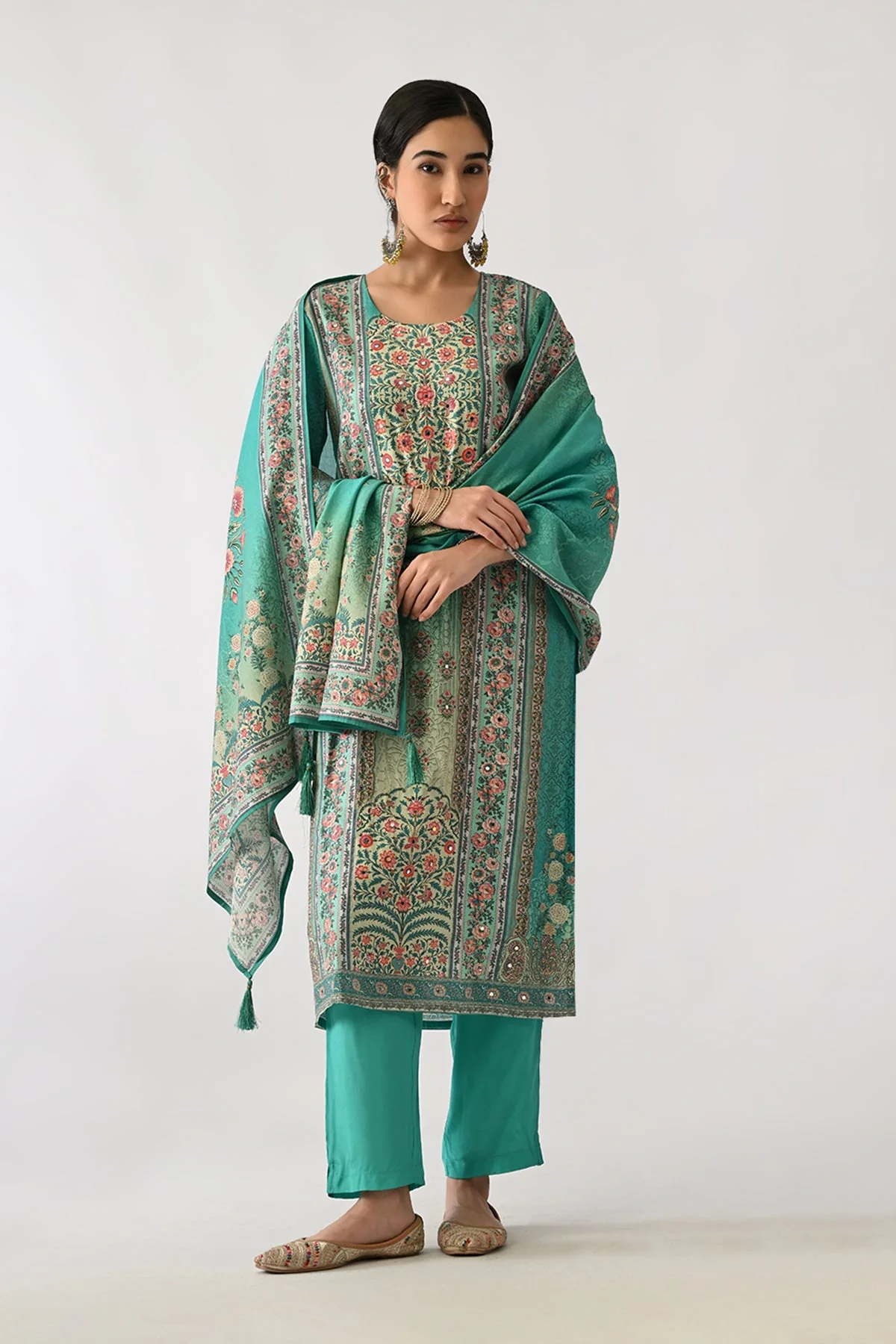 Green Printed Kurta 3 Pcs Set