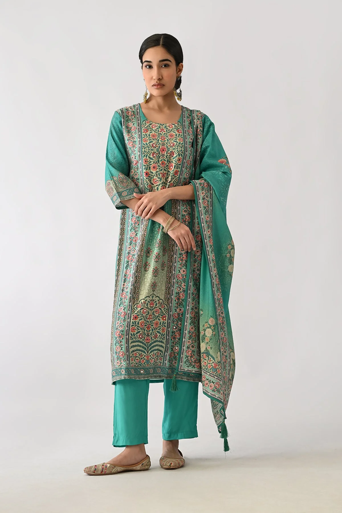 Green Printed Kurta 3 Pcs Set - Image 4
