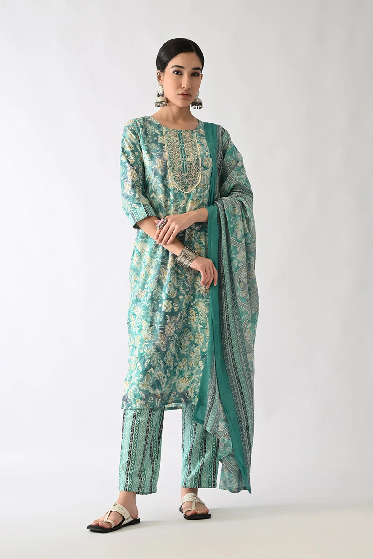 Green Printed Kurta 3 Pcs Set - Image 4