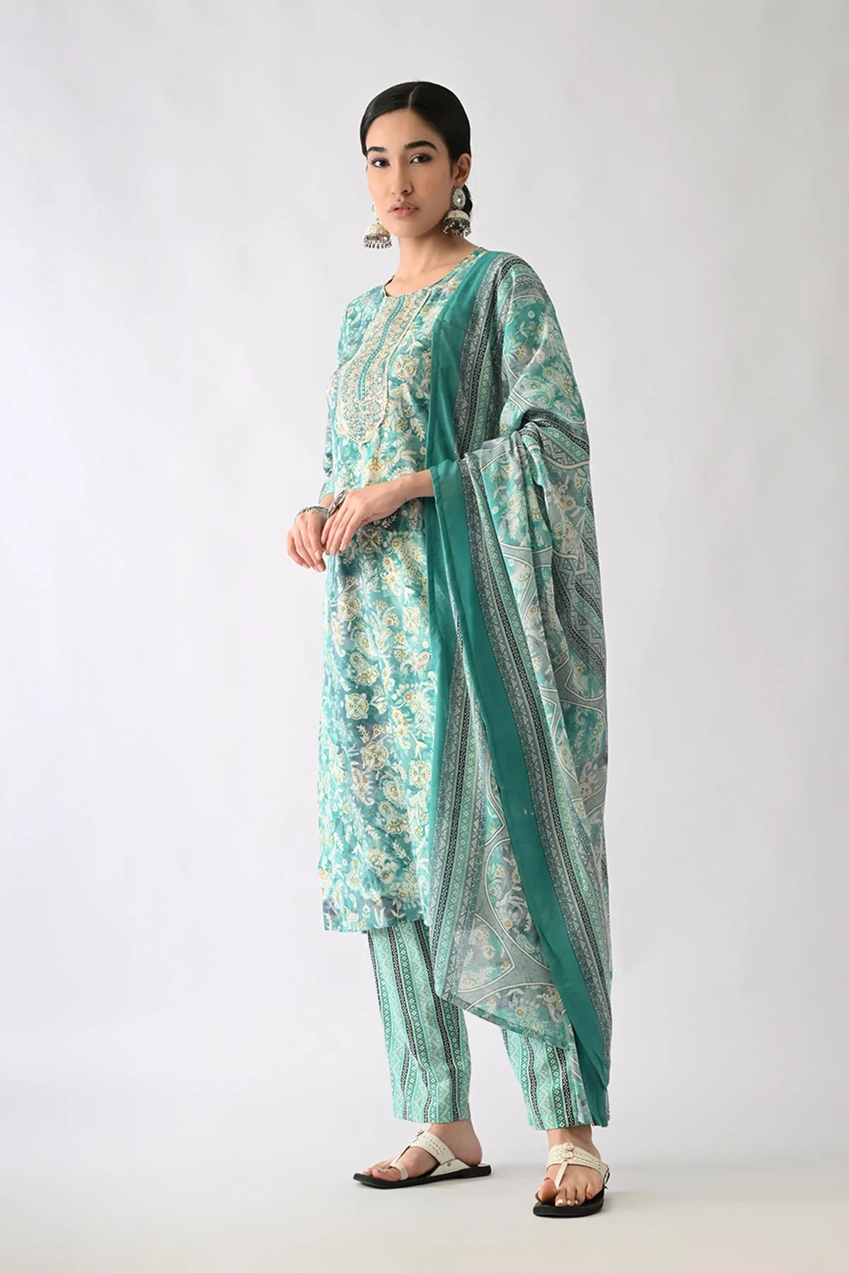 Green Printed Kurta 3 Pcs Set - Image 5
