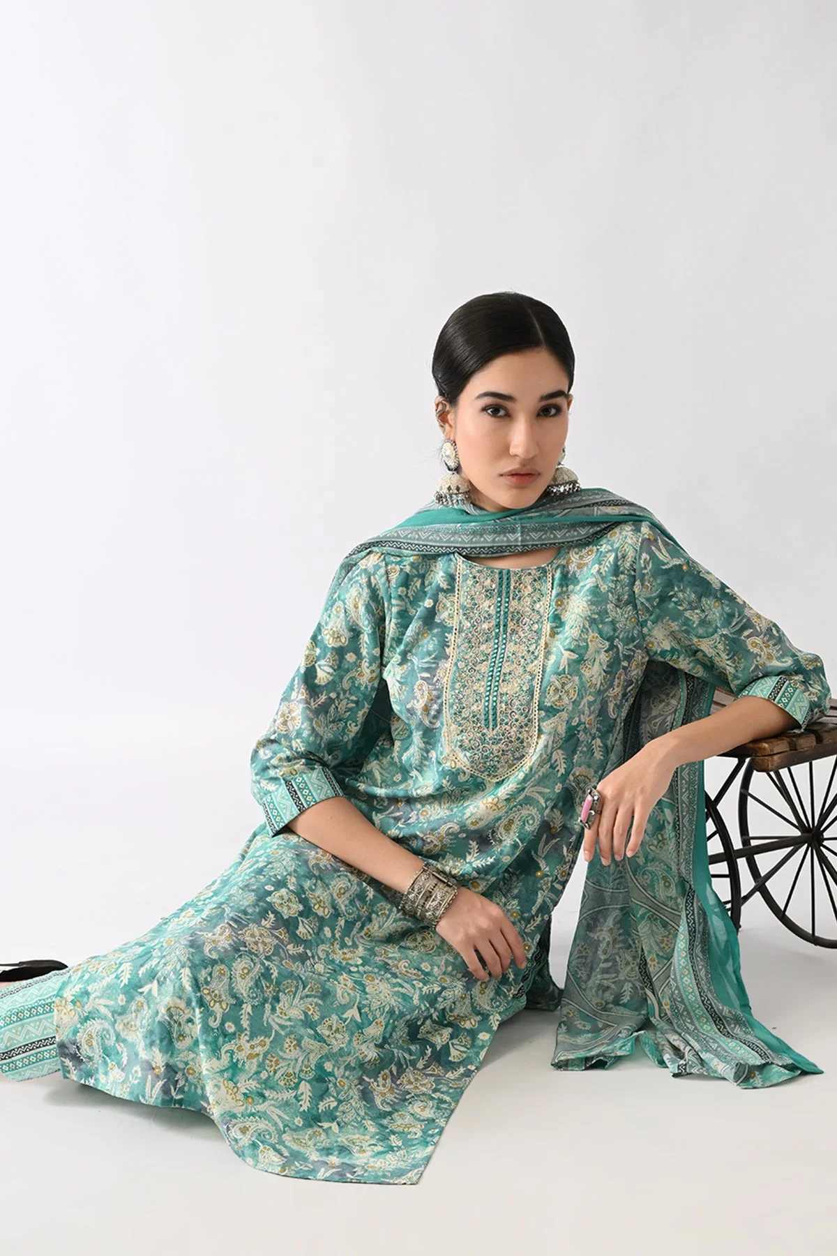 Green Printed Kurta 3 Pcs Set - Image 8