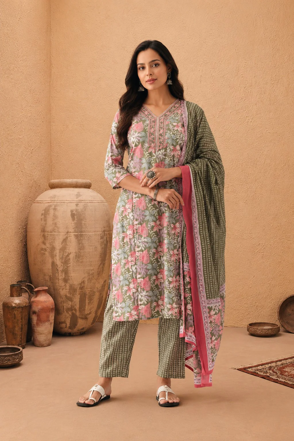 Green Printed Kurta 3 Pcs Set