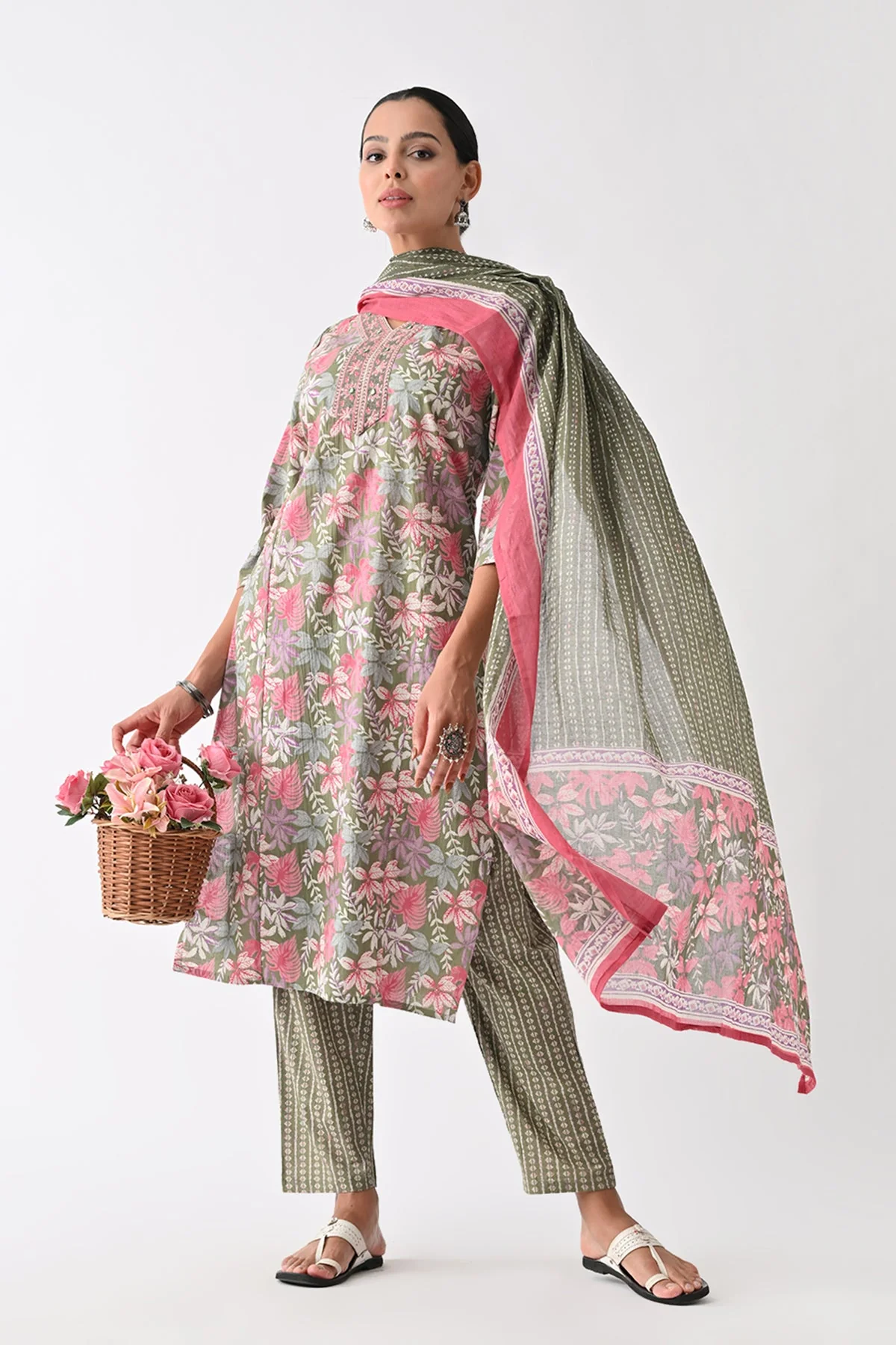 Green Printed Kurta 3 Pcs Set - Image 8
