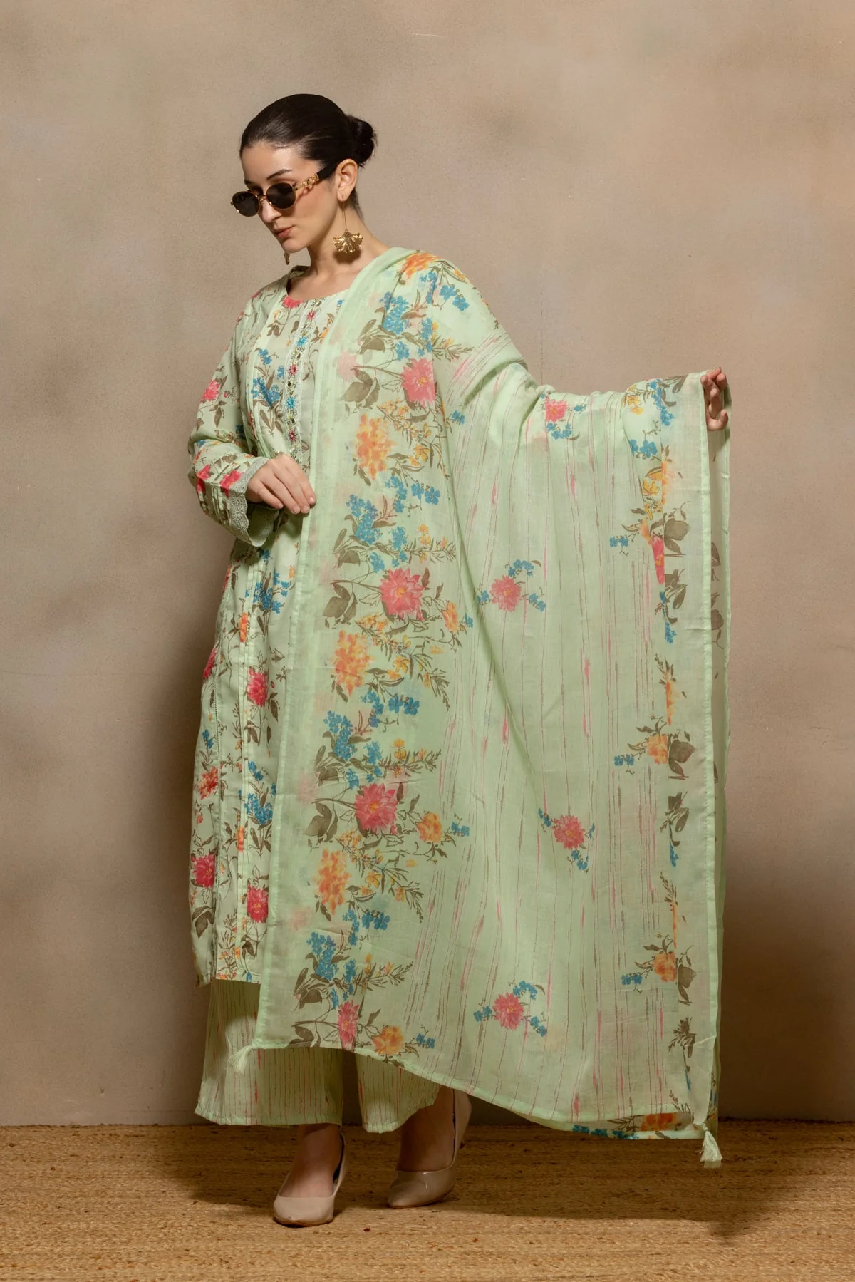 Green Printed Pintex Kurta 3 Pcs Set