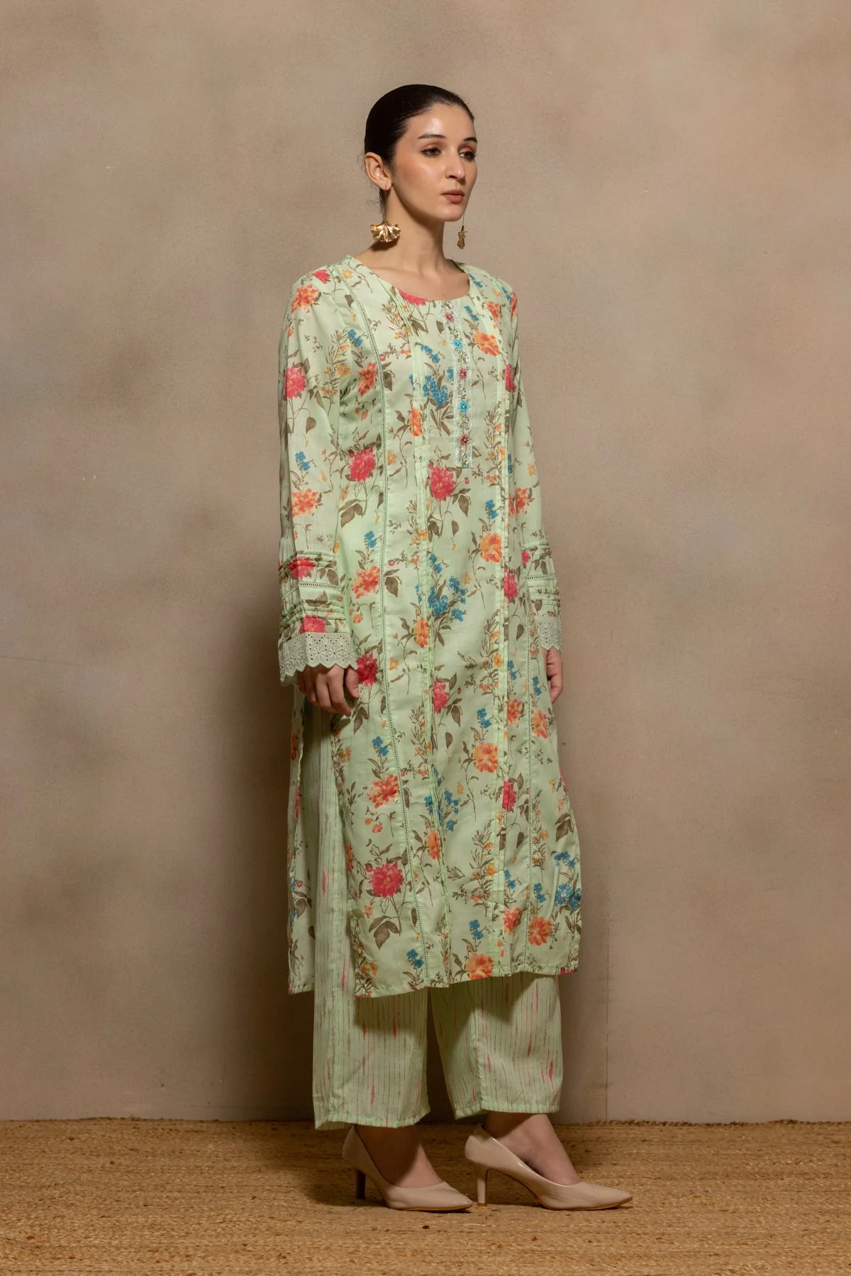 Green Printed Pintex Kurta 3 Pcs Set - Image 3
