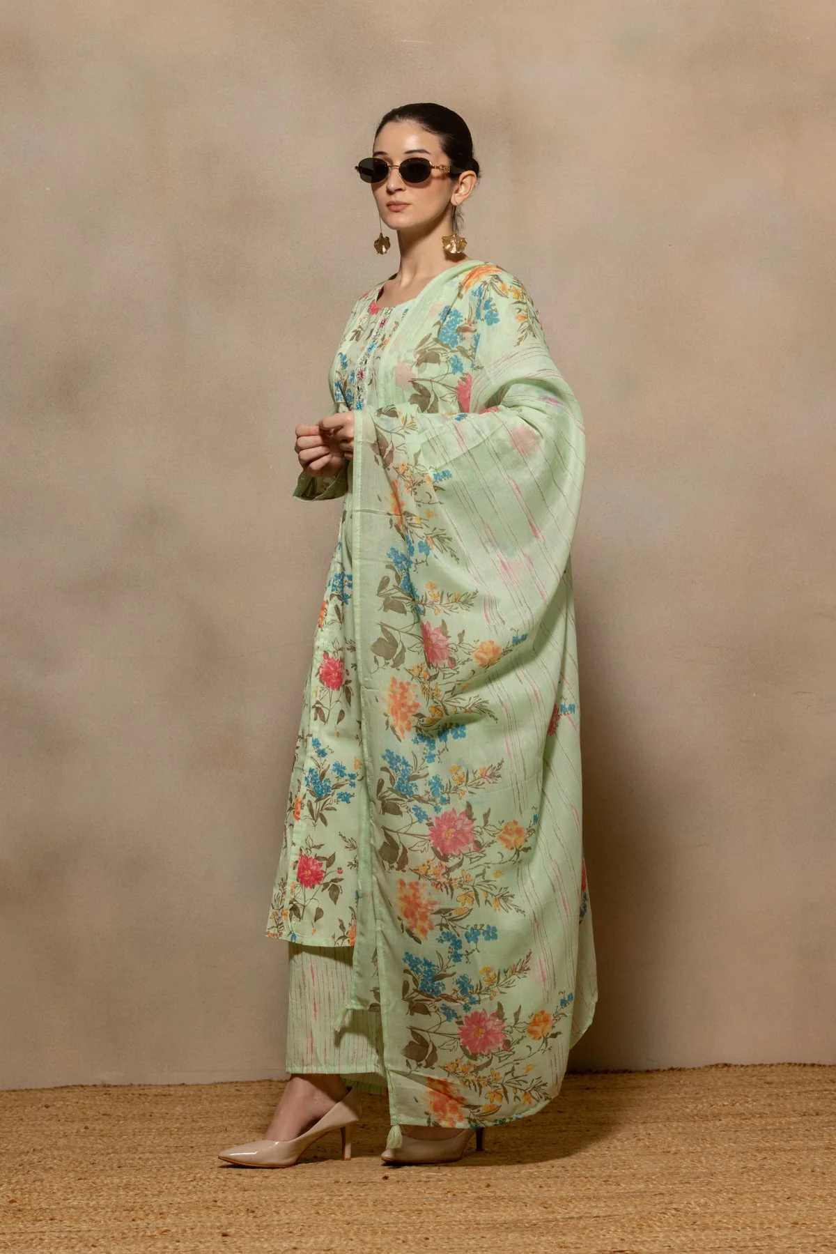 Green Printed Pintex Kurta 3 Pcs Set - Image 7