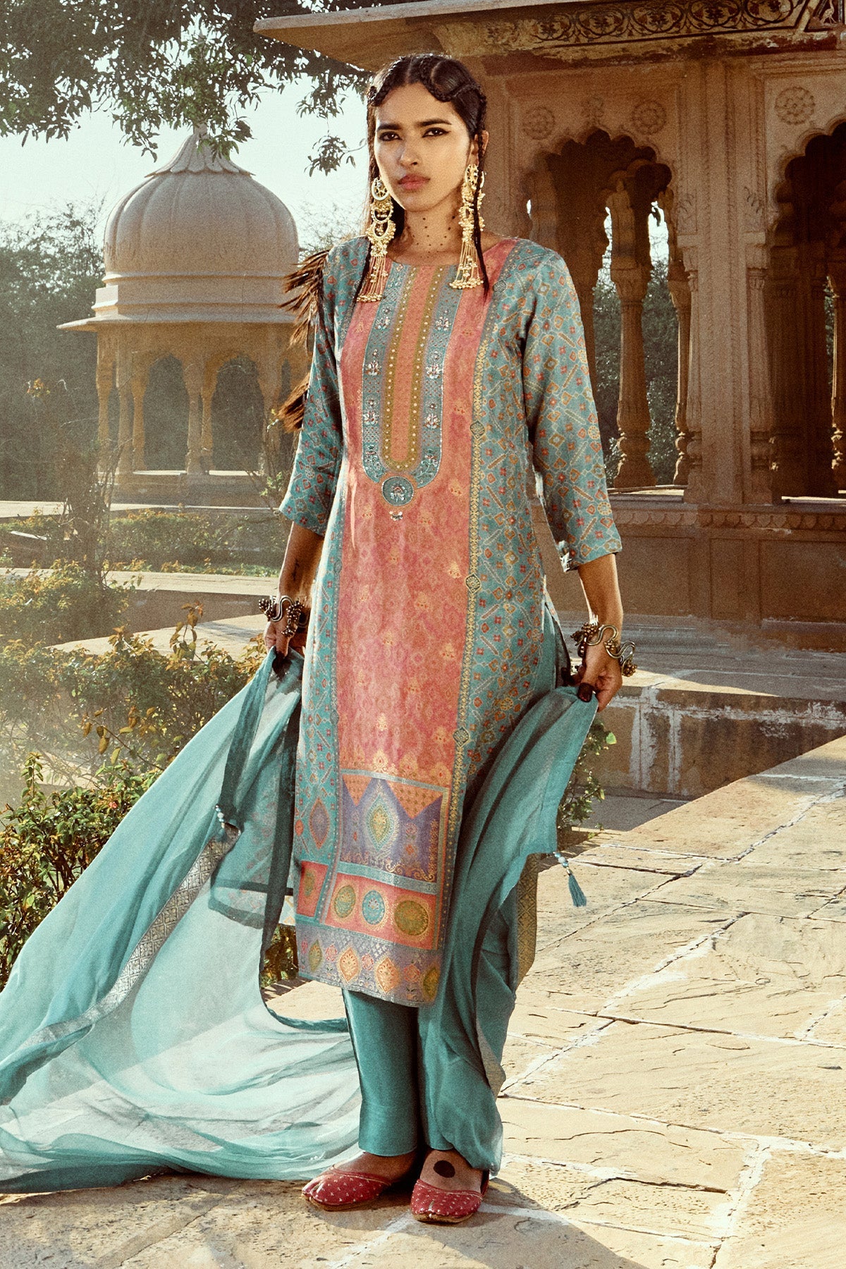 Green Printed Straight Kurta 3 Pcs Set - Image 2