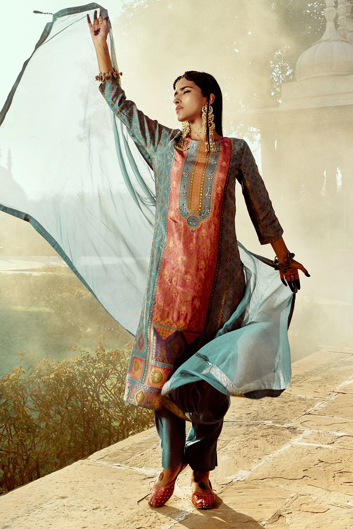 Green Printed Straight Kurta 3 Pcs Set - Image 3