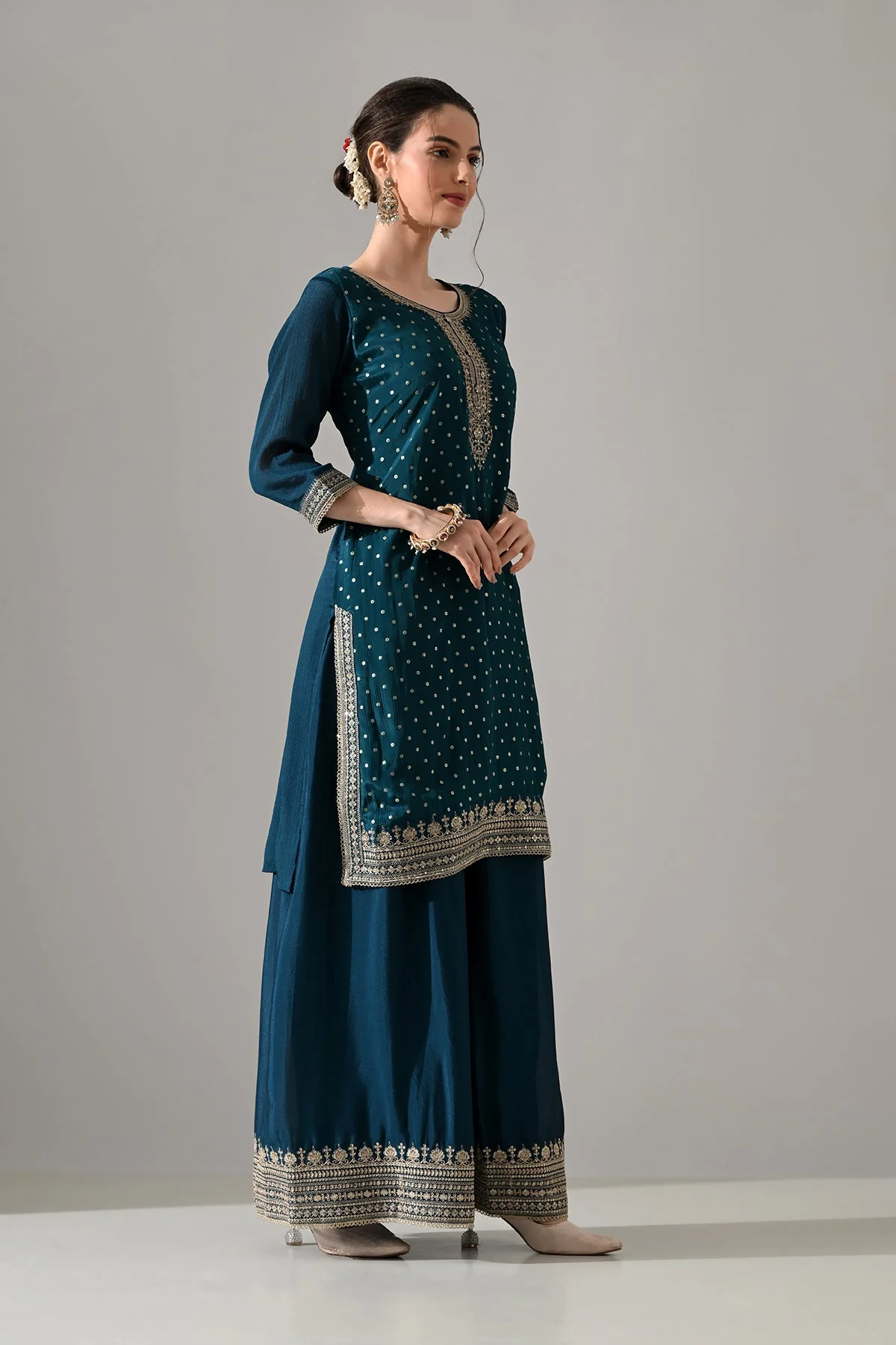 Green Printed Straight Kurta 3 Pcs Set - Image 3
