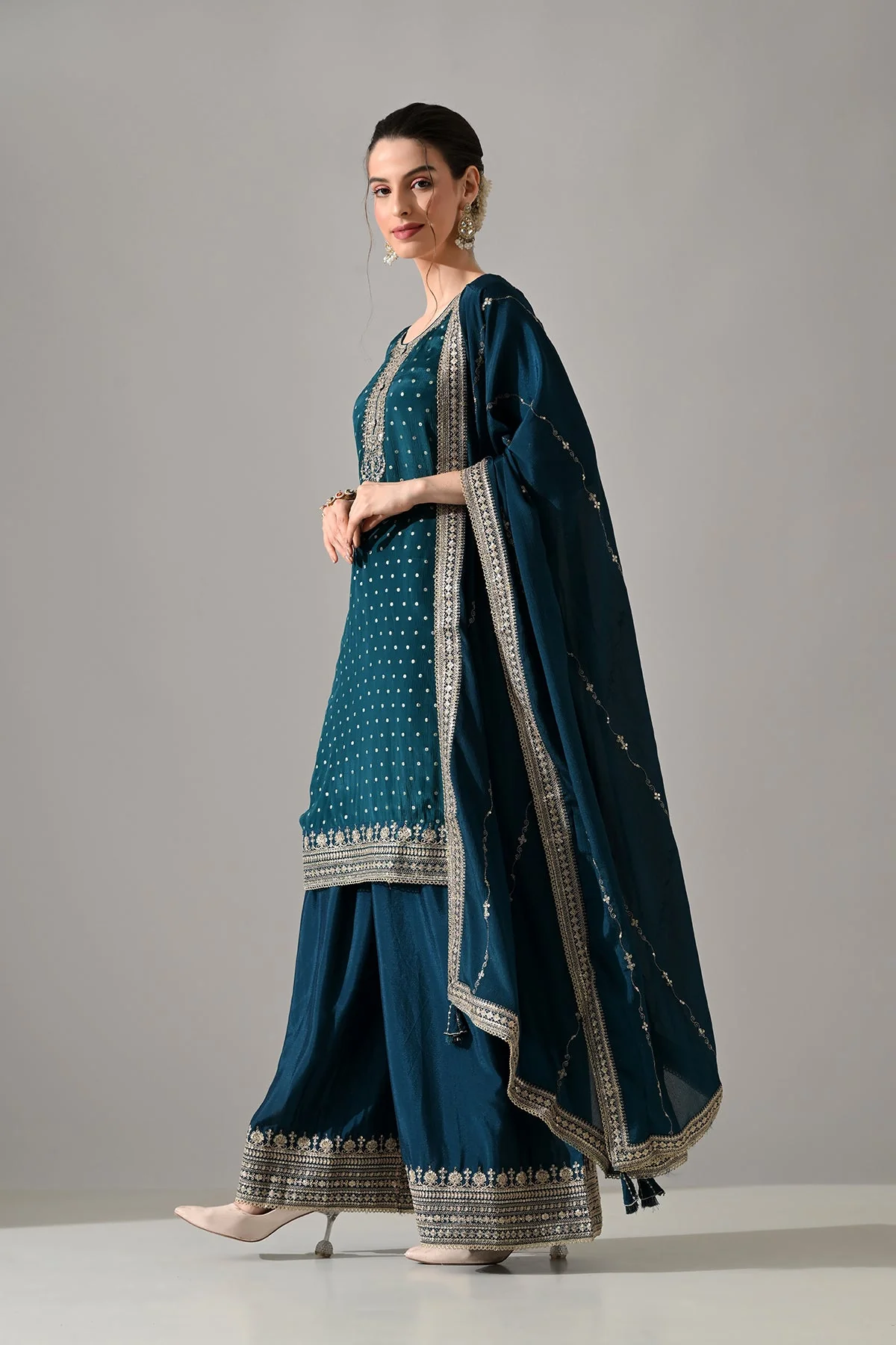 Green Printed Straight Kurta 3 Pcs Set - Image 4