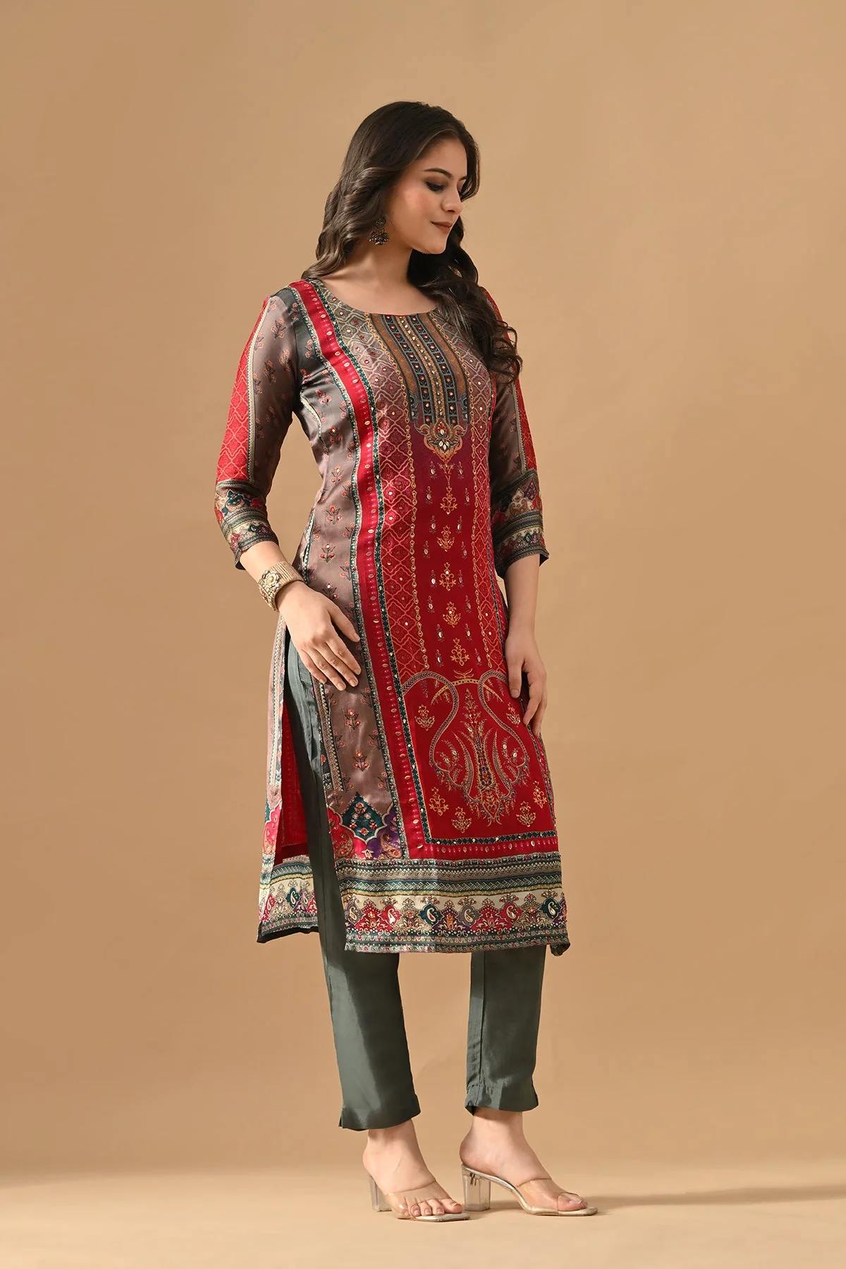 Grey Embellished Kurta 3 Pcs Set - Image 3