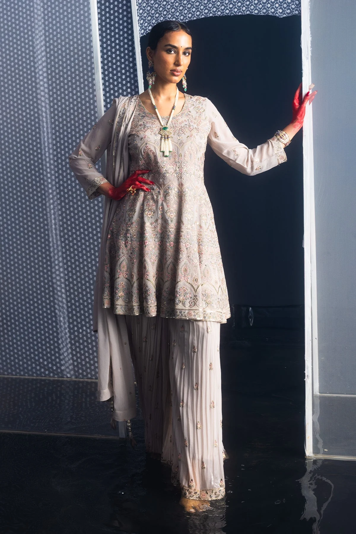 Grey Embroidered Short Kurta 3 Pcs Set - Image 3
