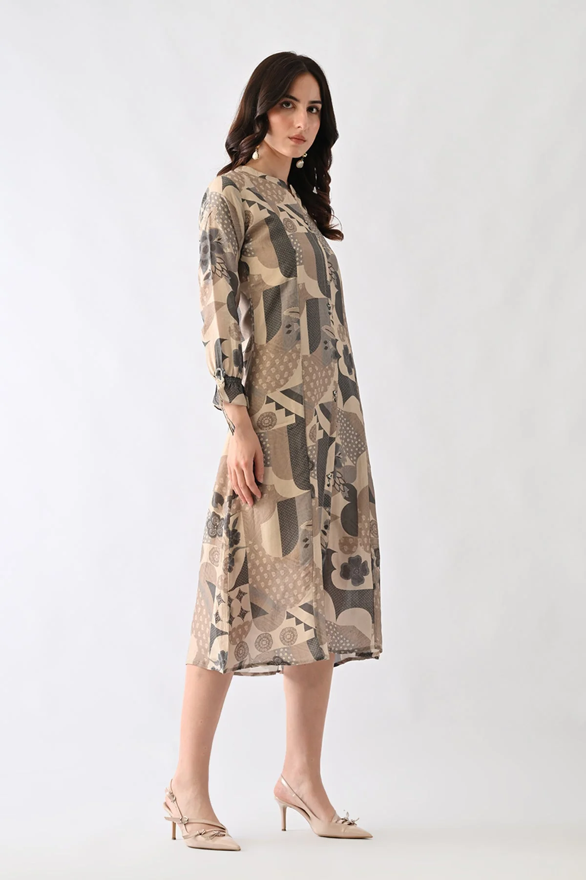 Grey Printed A-Line Dress - Image 3